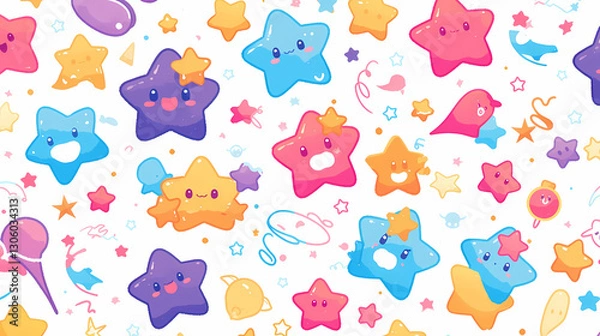 Fototapeta Colorful, playful star-themed pattern featuring cute characters and whimsical elements on a white background