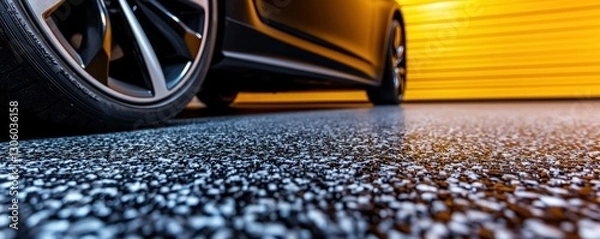 Fototapeta Sleek Automotive Presentation of a Car in a Garage with Epoxy Floor Coating