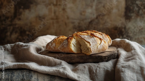 Obraz Emmaus Journey: Broken Bread on Weathered Cloak Amidst Tranquil Landscape - Perfect for Reflection