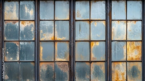 Fototapeta Weathered Windowpanes with Rust and Grime in Urban Setting