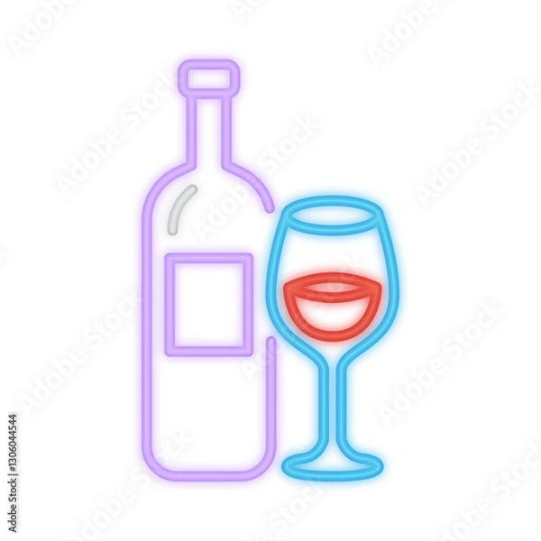 Obraz A glowing neon illustration of a wine bottle and a glass filled with red wine, symbolizing celebration, nightlife, and fine dining