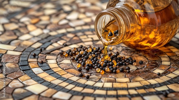 Fototapeta Spikenard Oil Cascade: Fragrant Drops from Alabaster Jar on Vibrant Mosaic Floor