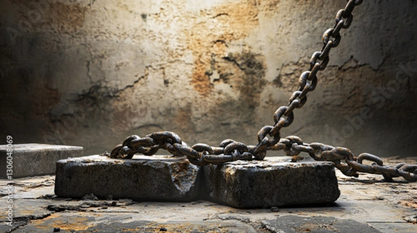 Fototapeta Shattered Chains: Ancient Philippian Jail Foundations on Granite Blocks with Expansive Copy Space