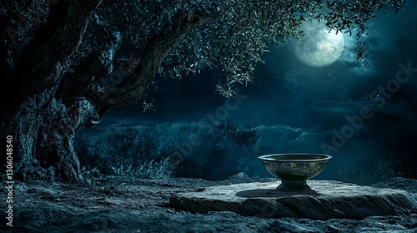 Fototapeta Moonlit Gethsemane: Prayer Cup on Olive Root Table Amidst Serene Garden Textures