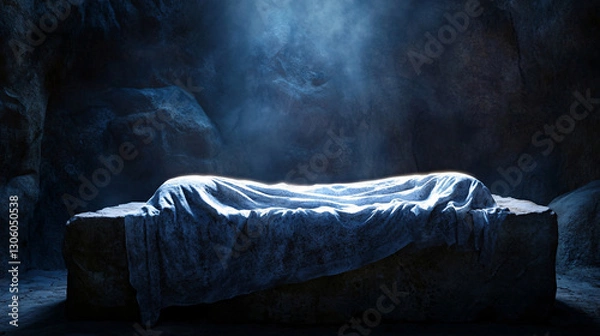 Obraz Resurrection Light: Lazarus' Glowing Burial Cloth on Tomb Stone Slab with Serene Copy Space
