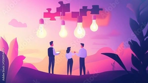 Fototapeta Minimal flat vector concept of business innovation, featuring three professionals collaborating with puzzle-piece light bulbs overhead