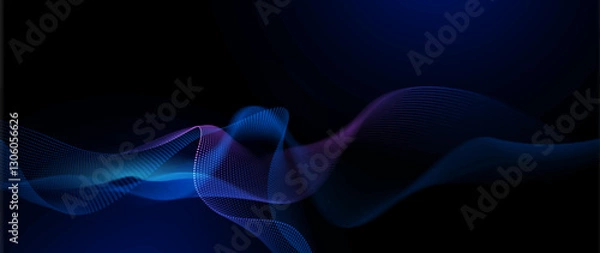 Fototapeta Vector element. Abstract wave line, particle dot pattern, neon light on dark blue gradient background. Modern futuristic design for banner background. Network, science, tech, data technology concept
