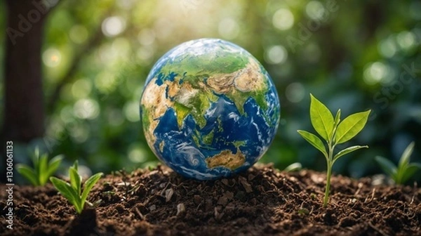 Obraz miniature earth with growing tree shoots with blurred background, to illustrate the visual content of earth day.