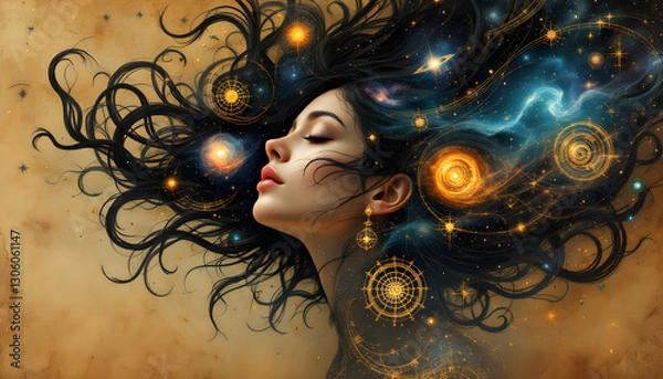 Obraz Cosmic Dreamer Woman with Universe Flowing Through Her Hair