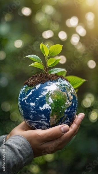 Obraz hand of a person holding a miniature earth with a tree sprout on it, to depict the visual content of earth day. with blurred background.
