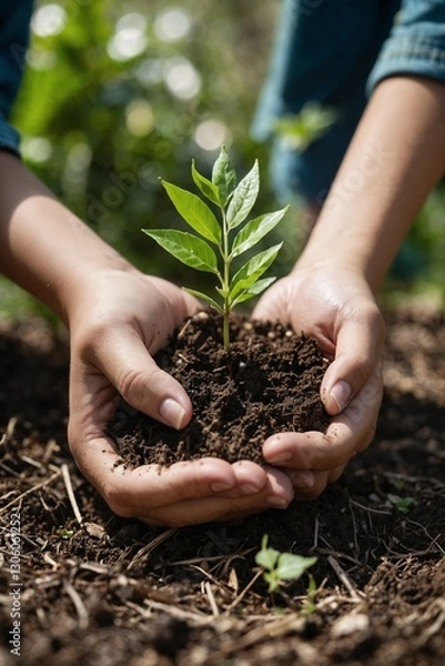 Obraz hands of a person planting a growing tree shoot with a blurred background, to illustrate the visual content of Earth Day
