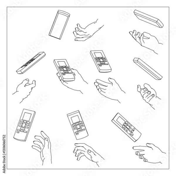 Obraz リモコンを持つ手のセット。白黒のベクターイラスト。