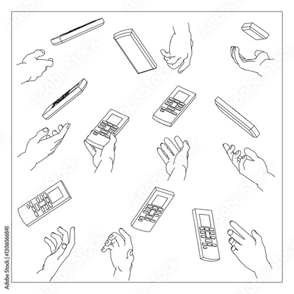 Obraz リモコンを持つ手のセット。白黒のベクターイラスト。