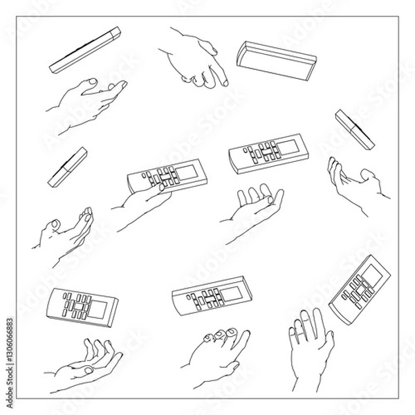 Obraz リモコンを持つ手のセット。白黒のベクターイラスト。
