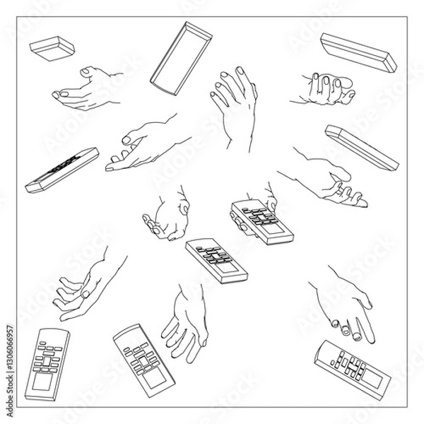Obraz リモコンを持つ手のセット。白黒のベクターイラスト。