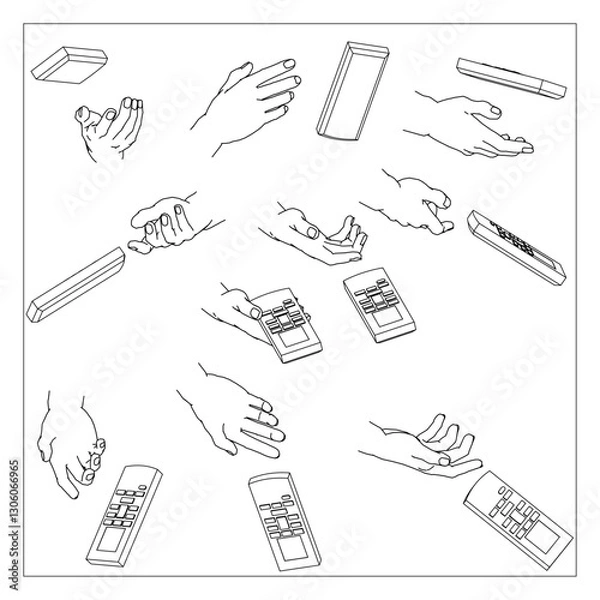 Obraz リモコンを持つ手のセット。白黒のベクターイラスト。