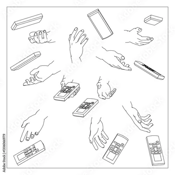 Obraz リモコンを持つ手のセット。白黒のベクターイラスト。