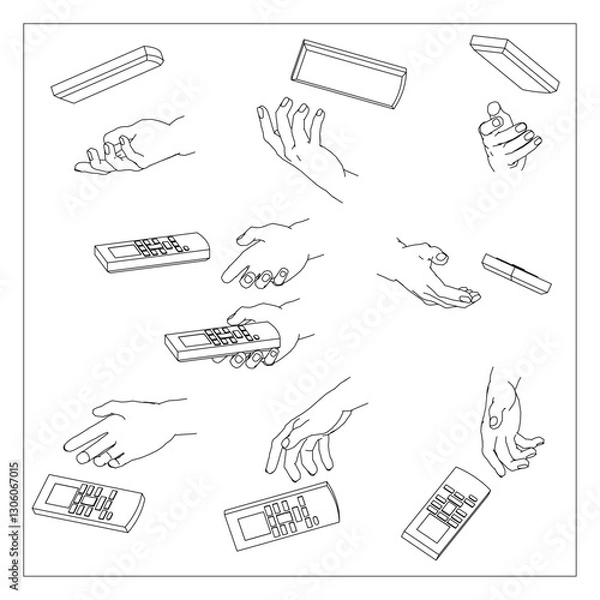 Obraz リモコンを持つ手のセット。白黒のベクターイラスト。