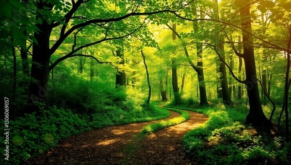 Fototapeta Magical Forest Pathway Illuminated by Sunlight and Fireflies