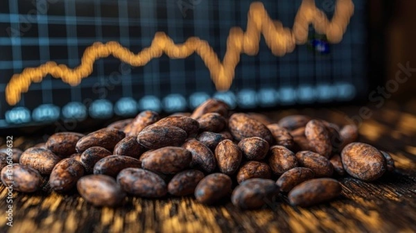 Obraz Cocoa Beans on Table with Financial Chart Background