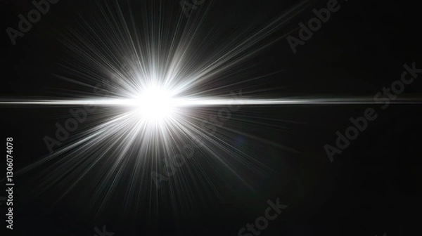 Obraz A bright white flash in the center, spreading light rays outwards against a dark background with ample space for copy.