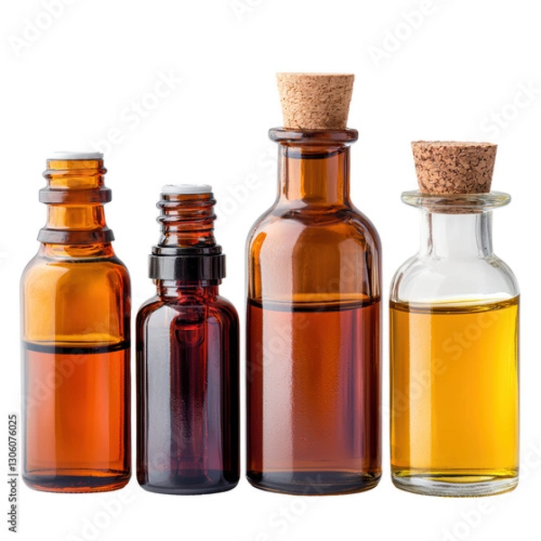 Fototapeta A collection of four glass bottles with cork stoppers, each containing different colored liquids. isolated on white background.