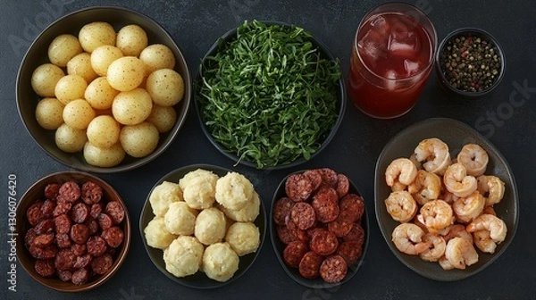 Obraz Appetizer Ingredients Arranged on Dark Surface