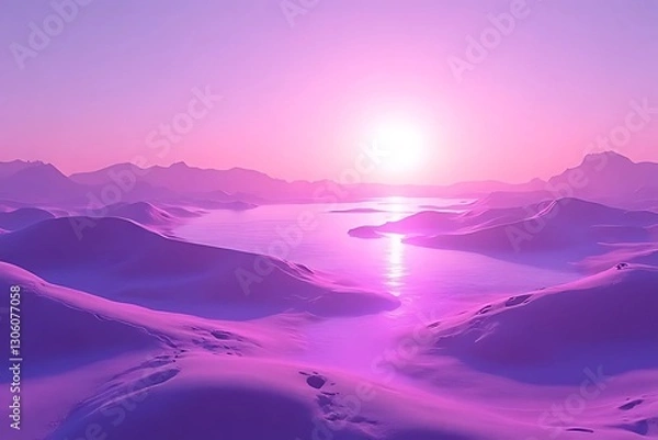 Fototapeta A cyber desert with shiny dunes, purple-blue skies, and a futuristic grid.