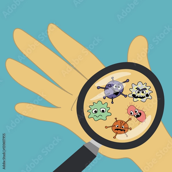 Obraz Germs On Hand Are Seen Through A Magnifying Glass