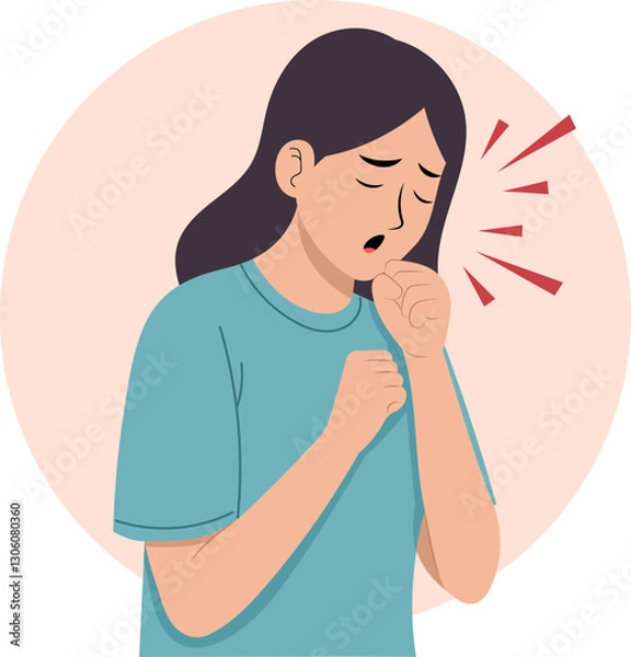 Obraz Illustration of a sick woman. Her facial expression shows discomfort. She coughs or sneezes violently, indicating illness or infection.