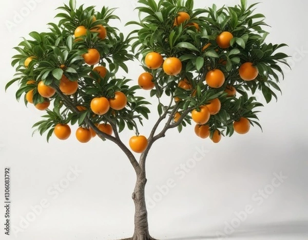 Fototapeta Orange tree with a heart-shaped leave and oranges on a white background, nature, love