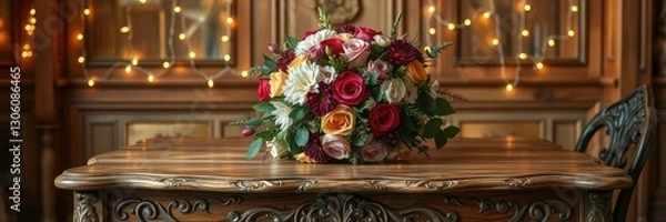 Fototapeta ornate wooden table with a stunning floral bouquet and twinkling fairy lights, soft glow, eclectic mix