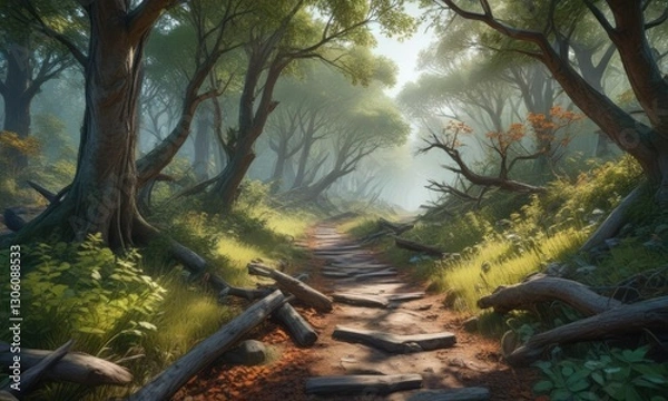 Fototapeta Overgrown trail with fallen trees and branches, forest floor, fall, overgrown trail