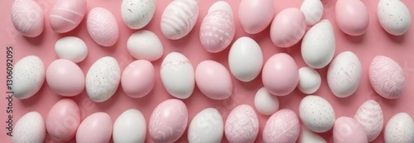 Fototapeta Overhead view of pink and white Easter eggs in various patterns displayed in a stylish arrangement on a soft pink background, holiday, pastel, celebration