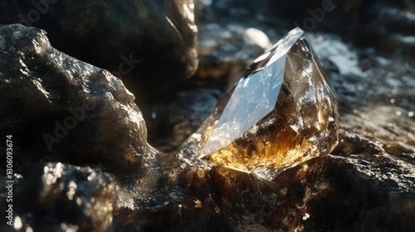 Obraz Crystal on rocks, sunlight, dark background, possible gem mining