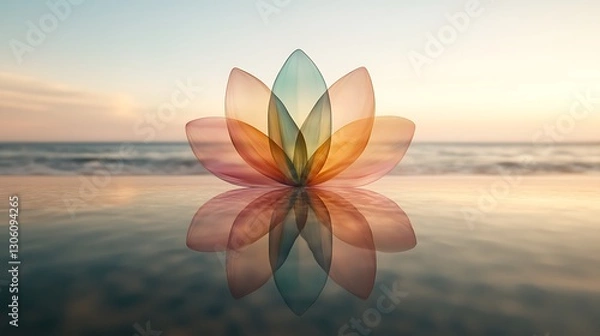 Fototapeta Tranquil lotus reflection coastal oasis digital artwork serene environment elevated viewpoint inner peace concept