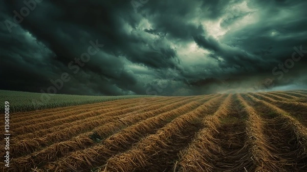Fototapeta Dark Storm Clouds Over Flattened Crop Field Following Windstorm
