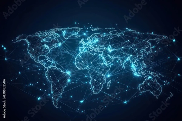 Obraz A high-tech vector illustration featuring a world map with a network of points and lines, signifying the interconnected nature of global trade and digital business.