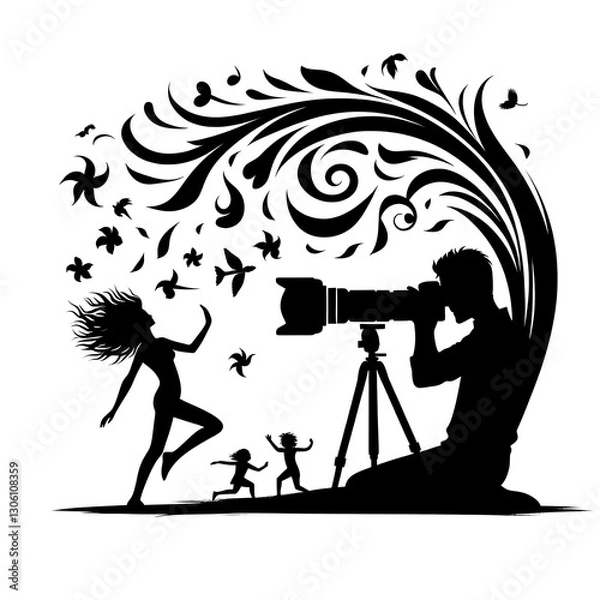 Fototapeta Photograph and photo camera on street, Isolated silhouettes of people on white background..
