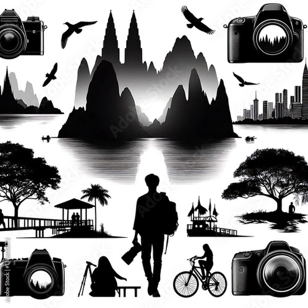Fototapeta Photograph and photo camera on street, Isolated silhouettes of people on white background..