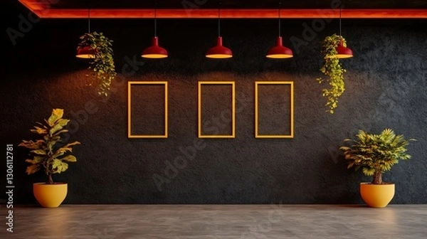 Obraz Modern Dark Living Room Interior Design with Empty Frames  Plants  and Red Lamps