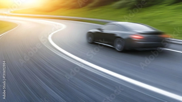 Fototapeta Dynamic Black Car Driving On Winding Road Photo With Sunset and