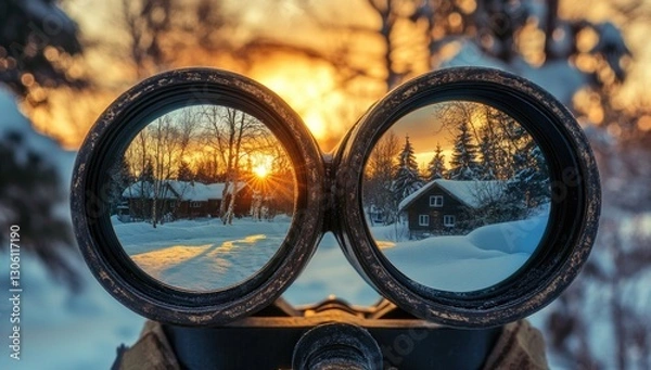 Obraz A pair of binoculars reflecting the winter landscape, with houses and trees visible through their lenses, creating an enchanting view of nature in the snow-covered forest at sunset.