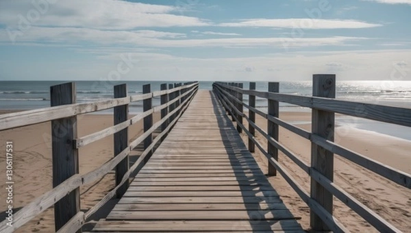 Fototapeta Serene Wooden Boardwalk Leading Towards Tranquil Beach and Ocean Under Clear Sky Ideal for Text Overlay and Coastal Themes