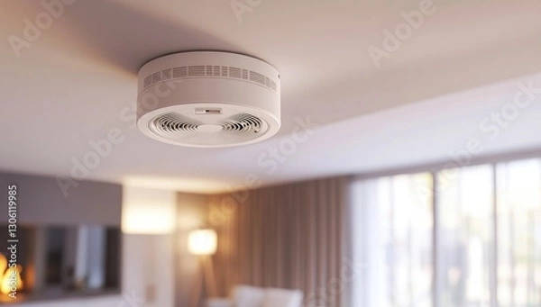 Fototapeta A photo of an indoor smoke detector with a circular design and white color, hanging on the ceiling in a living room. 