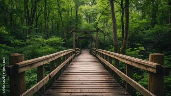 Fototapeta Serene Wooden Bridge Leading Through Lush Green Forest With Dense Foliage and Natural Light Enhancing the Tranquil Atmosphere