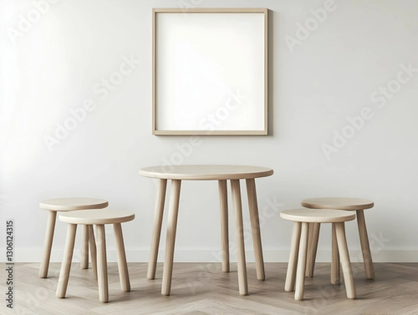 Fototapeta Minimalist Wooden Table And Stools Set With Empty Frame On White Wall