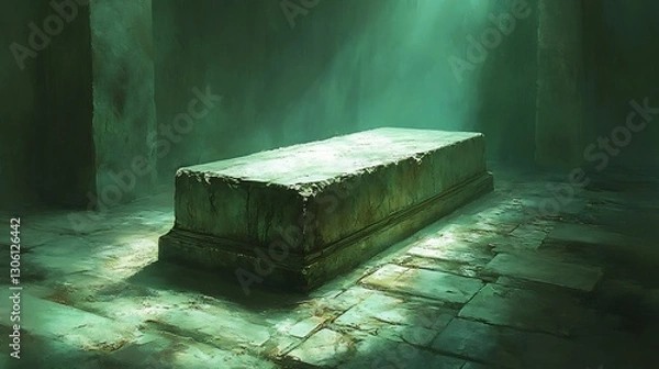 Fototapeta Ancient stone slab rests mysteriously in dimly lit crypt eerily green hue. AI Generated