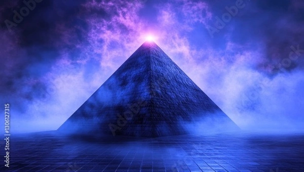 Fototapeta A pyramid with a glowing light at the top, surrounded by dark blue mist and clouds. The background is an empty grid floor, creating a futuristic atmosphere.