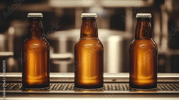 Fototapeta Photo of Brown Beer Bottles On Conveyor Line In Production Factory